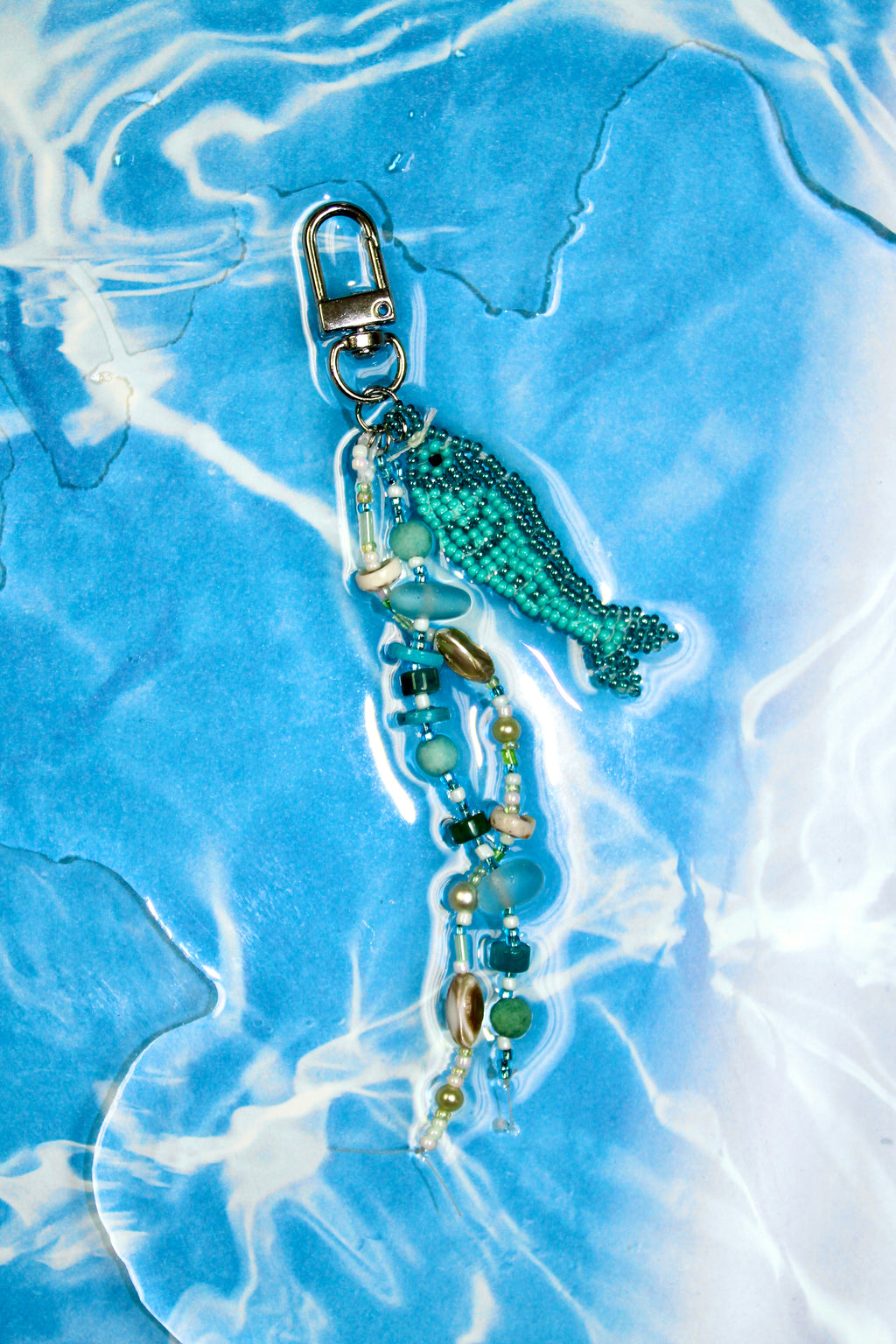 aqua/blue beaded fish bag charm