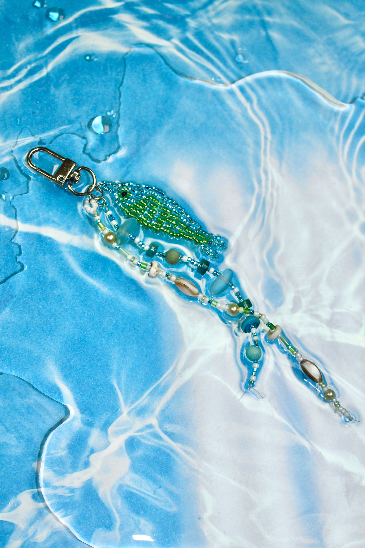 blue/green beaded fish bag charm